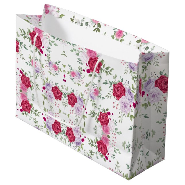 Sacola Para Presentes Grande Padrão de vinhetas rosa e vermelha (Frente inclinada)