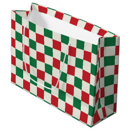 Sacola Para Presentes Grande Padrão de Xadrez Vermelho e Verde de Férias Retro
