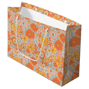 Sacola Para Presentes Grande Padrão do Flor Retro Laranja