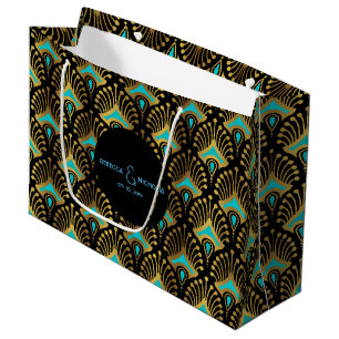 Sacola Para Presentes Grande Padrão Dourado e vermelho de Art Deco a preto