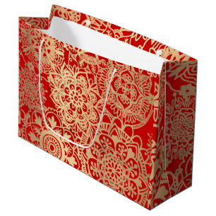 Sacola Para Presentes Grande Padrão Elegante de Natal Vermelho e Dourado de Ma