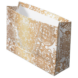 Sacola Para Presentes Grande Padrão Elegante Dourado e Branco de Mandala Grand