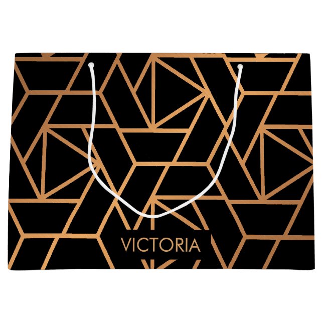 Sacola Para Presentes Grande Padrão Elegante Preto e Dourado (Frente)