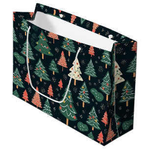 Sacola Para Presentes Grande Padrão Festivo de Árvore de Natal Verde e Coral