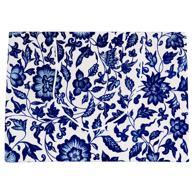 Sacola Para Presentes Grande Padrão floral azul-marinho chinês em branco (Frente)