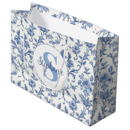 Sacola Para Presentes Grande Padrão Floral Azul Toile de Jouy Francês Country