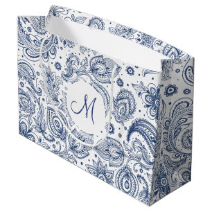 Sacola Para Presentes Grande Padrão Floral Azul Vintage Monograma L Saco Prese
