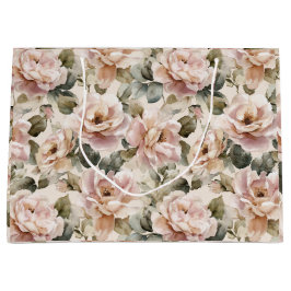 Sacola Para Presentes Grande Padrão Floral Bege Rosa Suave Aquarela