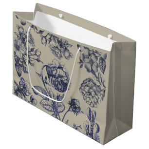 Sacola Para Presentes Grande Padrão Floral Botânico Toile Azul Vintage