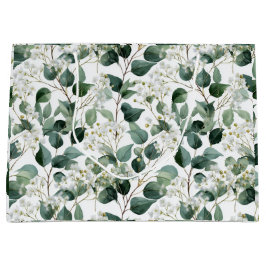 Sacola Para Presentes Grande Padrão Floral Branco de Eucalipto Verde Botânico