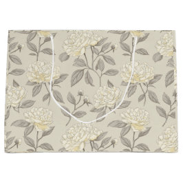 Sacola Para Presentes Grande Padrão Floral Branco de Peônia Creme Minimalista