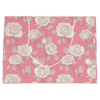 Sacola Para Presentes Grande Padrão Floral Branco Rosa Rosa Desenhada à Mão