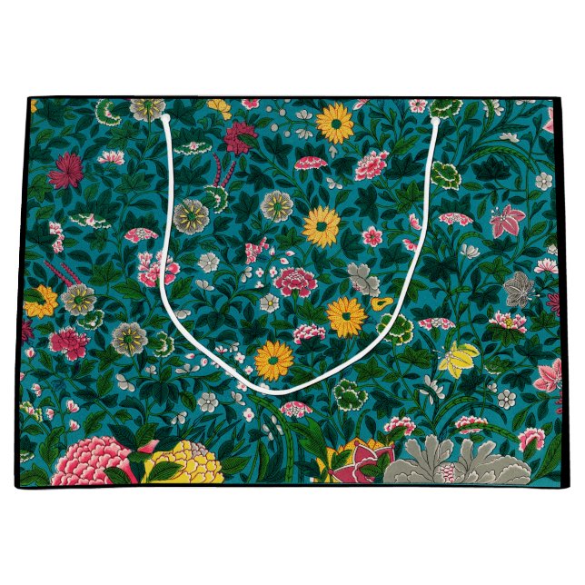 SACOLA PARA PRESENTES GRANDE PADRÃO FLORAL CHINÊS DO SACO GIFT NEGRO E VERDE (Frente)