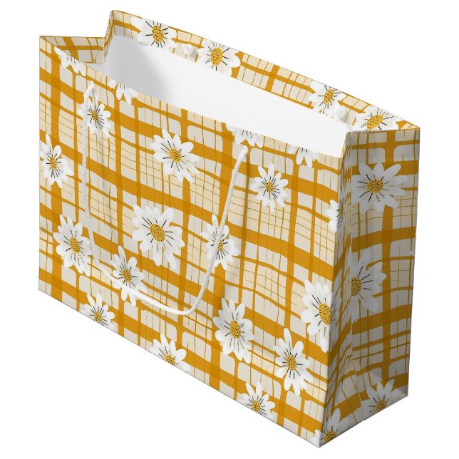 Sacola Para Presentes Grande Padrão Floral de Margarida Branca em Gingham Amare (Frente inclinada)