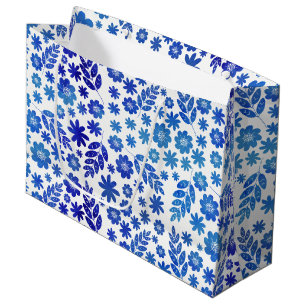 Sacola Para Presentes Grande Padrão Floral Desenhado da Mão Azul na China
