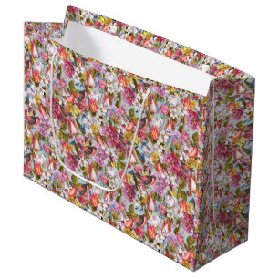 Sacola Para Presentes Grande Padrão Floral Folhagem Pássaros Borboletas Peônia