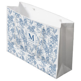 Sacola Para Presentes Grande Padrão Floral Toile de Jouy Francês Azul Monograma
