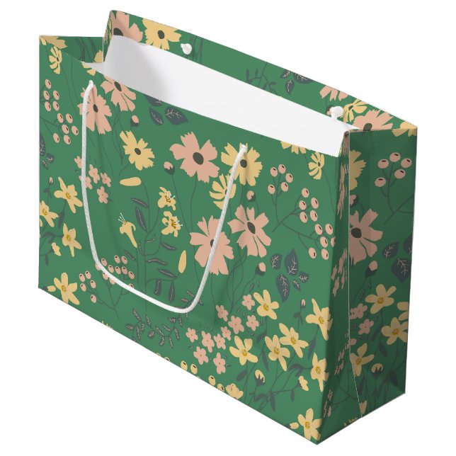 Sacola Para Presentes Grande Padrão Floral Verde Boho Moderno (Frente inclinada)