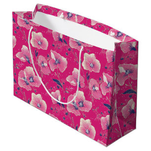 Sacola Para Presentes Grande Padrão Floral Vibrante em Rosa, Branco e Azul Real