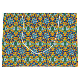 Sacola Para Presentes Grande Padrão geométrico fractal azul e amarelo