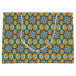 Sacola Para Presentes Grande Padrão geométrico fractal azul e amarelo