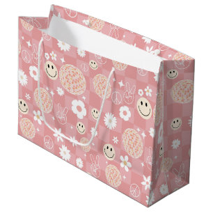 Sacola Para Presentes Grande Padrão Hippie Retro Cor-de-Rosa Verificado