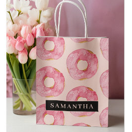 Sacola Para Presentes Grande Padrão Moderno de Donuts em Aquarela Rosa Com Nome
