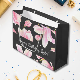 Sacola Para Presentes Grande Padrão Preto da Magnolia Rosa-Vidro
