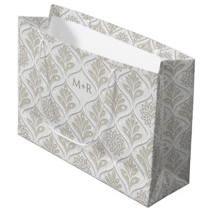 Sacola Para Presentes Grande Padrão Quatrefoil Bege e Branco Brilhante