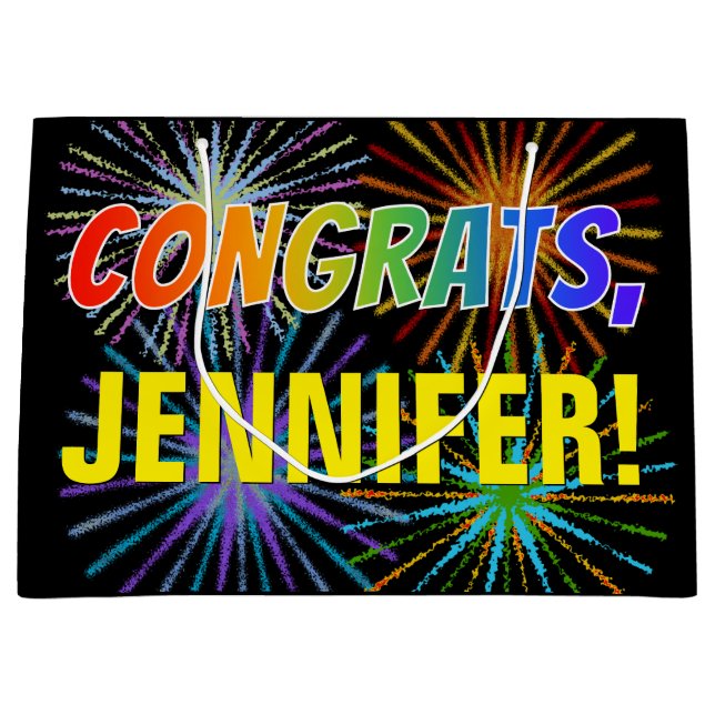 Sacola Para Presentes Grande Padrão Rainbow "CONGRATS", Nome Personalizado, Fir (Frente)