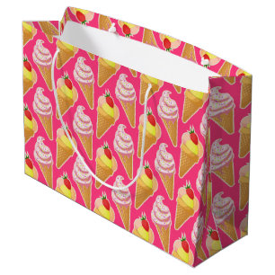 Sacola Para Presentes Grande Padrão rosa Kawaii com sorvete de morango