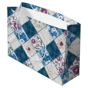 Sacola Para Presentes Grande Padrão rústico da moda azul de restos de tecido