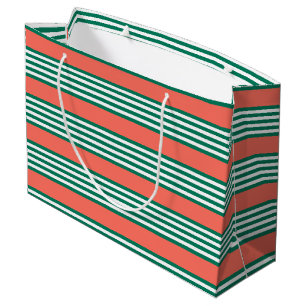 Sacola Para Presentes Grande Padrão verde e branco de cinco faixas com coral