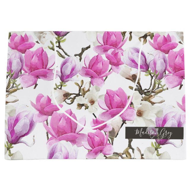 Sacola Para Presentes Grande Padrões de Aquarela Rosa e Branca Magnolia Flores (Frente)