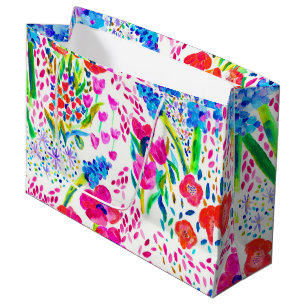 Sacola Para Presentes Grande Padrões de flores de aquarela, de cor branca