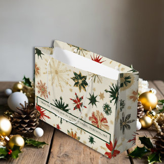 Sacola Para Presentes Grande Padrões Dourados e verdes com flocos de neve elega