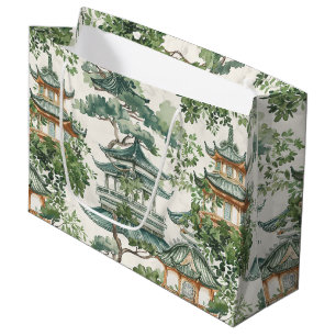 Sacola Para Presentes Grande Pagoda Asiática de Aquarela na Paisagem Verdante (