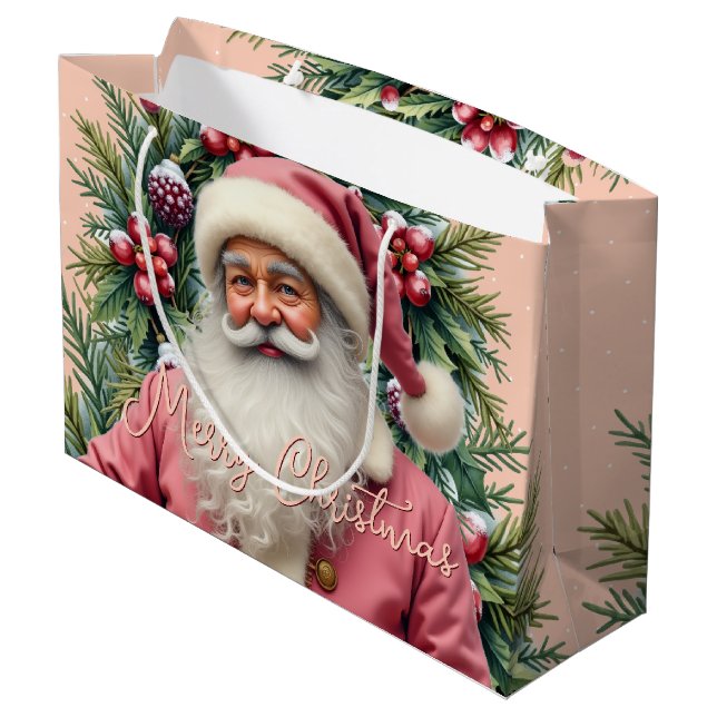 Sacola Para Presentes Grande Pai Natal Rosa Elegante (Verso inclinado)