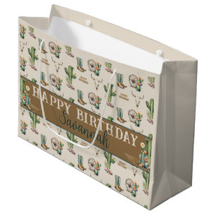 Sacola Para Presentes Grande País Ocidental Cactus Boots Nome Feliz Aniversário