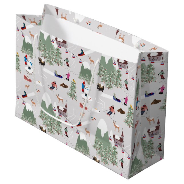 Sacola Para Presentes Grande Paisagem de Esqui de Montanha de inverno com Esqui (Frente inclinada)