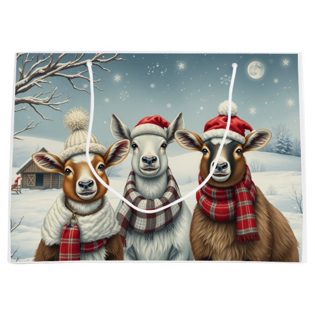 Sacola Para Presentes Grande Paisagem de inverno com ovelha e cabine (Frente)