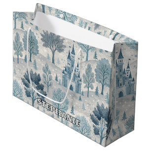 Sacola Para Presentes Grande Paisagem do Castelo de inverno Whimy em Azul e Cin
