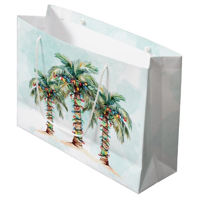 Sacola Para Presentes Grande Palm Trees com String Lights Praia Natal (Frente inclinada)