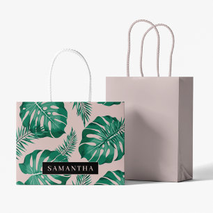 Sacola Para Presentes Grande Palma rosa tropical e verde deixa padrão e nome