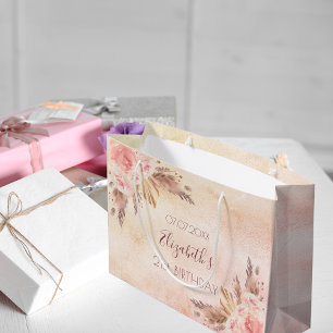Sacola Para Presentes Grande Pampas de aniversário rosa dourado floral cor-de-r
