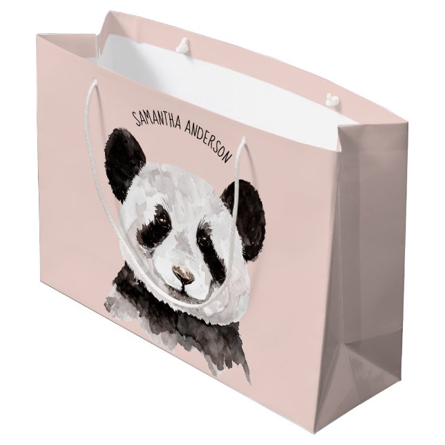 Sacola Para Presentes Grande Panda De Aquarela Moderna Com Nome E Pink De Paste (Verso inclinado)