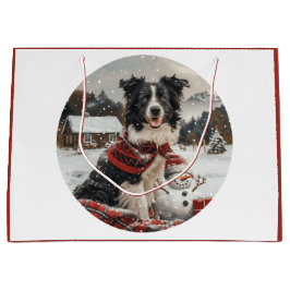 Sacola Para Presentes Grande Pano Collie Dog Snowman na fronteira de Natal