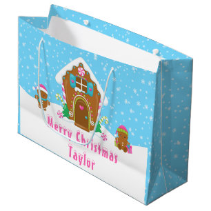 Sacola Para Presentes Grande Pão de Gengibre Casa Azul e Rosa Feliz Natal