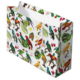 Sacola Para Presentes Grande Papagaios Tropicais Coloridos, Folhas e Flores
