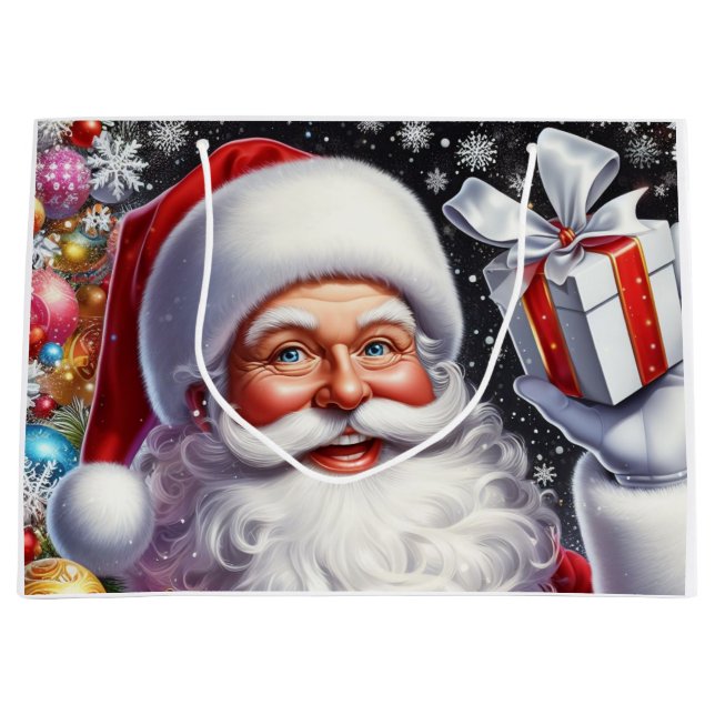 Sacola Para Presentes Grande Papai Noel clássico com presente e enfeites (Frente)